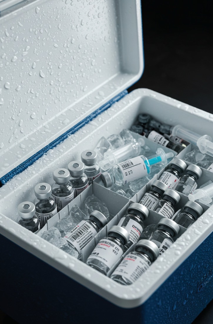 Vaccine vials packed in an insulated cold box